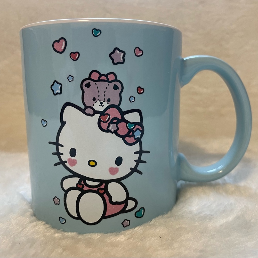 NEW HELLO KITTY STACKED SWEETS Blue 20oz Ceramic Sanrio Coffee Tea Mug bow heart